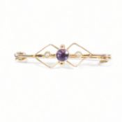 1920S GOLD AMETHYST & PEARL BAR BROOCH PIN
