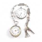 ANTIQUE FINE & 800 SILVER POCKET WATCHES & WHITE METAL ALBERTINE CHAIN