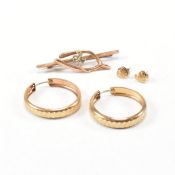 ANTIQUE HALLMAKED 9CT GOLD BROOCH PIN WITH 9CT EARRINGS