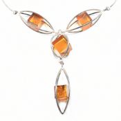 MODERNIST 925 SILVER & AMBER PENDANT NECKLACE