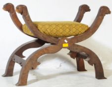 EARLY MID CENTURY CARVED OAK DOGS HEAD X FRAME STOOL