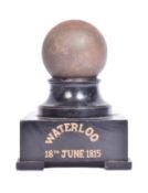 NAPOLEONIC WAR INTEREST - CANNON BALL ON WOODEN DISPLAY