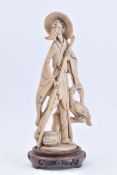 MID 20TH CENTURY RESIN FUGURE OF ORIENTAL MAN WITH HERON