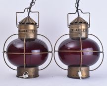PAIR OF MID CENTURY BRASS & GLASS SHIPS OIL HANGING LAMPS