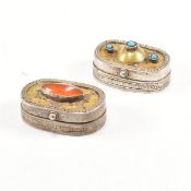 TWO WHITE METAL TIBETAN GEM SET PILL BOXES