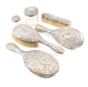 VICTORIAN 4 PIECE SILVER MOUNTED VANITY SET & SILVER TOPPED JARS