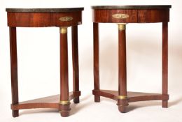 PAIR OF BIEDERMEIER WALNUT & MARBLE CONSOLE HALL TABLES