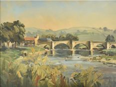 ANGUS RANDS (1922 - 1985) - ' BURNSALL BRIDGE ' OIL ON BOARD