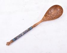 19TH CENTURY RUSSIAN SILVER & ENAMEL WOODEN SPOON