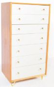 MID CENTURY G PLAN OAK & CHINA WHITE PEDESTAL CHEST OF DRAWERS