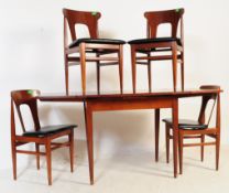 MID 20TH CENTURY TEAK VENEER DRAW LEAF DINING TABLE & CHAIRS