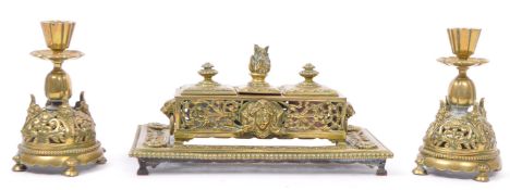 VICTORIAN BRASS INKSTAND W/ TWO ROUND MOULDED GLASS INKWELLS
