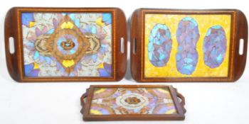 THREE EDWARDIAN INLAID BUTTERFLY WING SERVINGS TRAYS