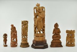 COLLECTION OF FIVE 20TH CENTURY SANDALWOOD HINDU FIGURES