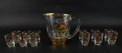 VINTAGE MID CENTURY GLASS JUG & GLASSES WITH HUNTING SCENE