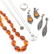 925 SILVER & AMBER NECKLACE & EARRING SUITE & AMETHYST RING