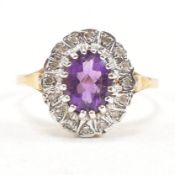 HALLMARKED 9CT GOLD AMETHYST & DIAMOND HALO RING