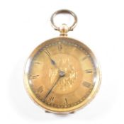 A 14CT GOLD OPEN FACED FOB KEY WIND POCKET WATCH