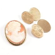 PAIR OF HALLMARKED 9CT GOLD CUFFLINKS & YELLOW METAL CAMEO