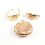 9CT GOLD BACK & FRONT LOCKET & TWO AF PART GOLD RINGS