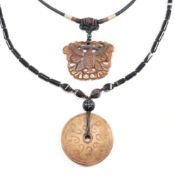 TWO CHINESE CARVED HARDSTONE PENDANT NECKLACES