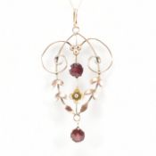 9CT GOLD & GARNET ART NOUVEAU PENDANT ON CHAIN