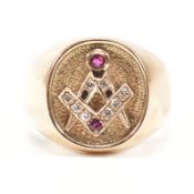 18CT GOLD DIAMOND & RUBY MASONIC SIGNET RING