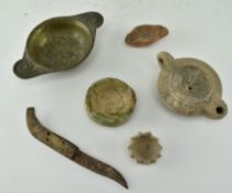 COLLECTION OF MIDDLE EASTERN TERRACOTTA BOWLS, LAMP ETC.