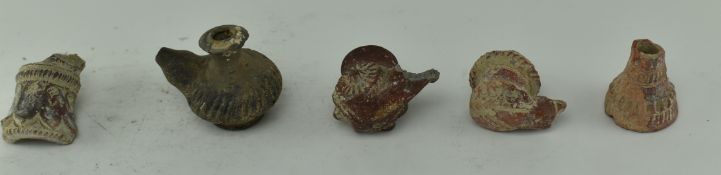 FIVE TERRACOTTA BELIEVED ROMAN PIPING PIECES / JUGS