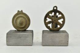 TWO CELTIC IRON AGE MANNER BRONZE WHEEL / SHIELD PENDANTS