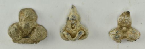 THREE ANCIENT ROMAN METAL GRAPE SEALS/SHIELD BROOCHES