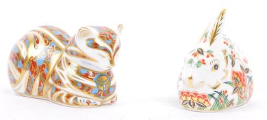 ROYAL CROWN DERBY PAPERWEIGHTS - RABBIT & CAT