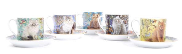 FIVE LESLEY'S CATS CUPS AND SAUCERS BY DANBURY MINT