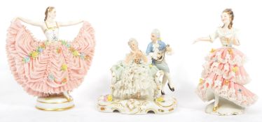 THREE 20TH CENTURY DRESDEN CRINOLINE LACE LADY FIGURES