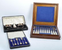 COLECTION OF KNIFE & FORK / CONDIMENT SET WITH SILVER SPOONS