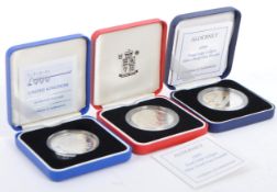 THREE ROYAL MINT 925 SILVER PROOF FIVE POUND COINS