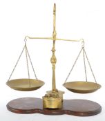 PAIR OF OAK & BRASS SCALES COMPLETE WITH WEIGHTS
