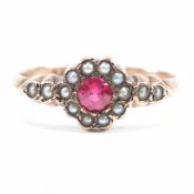 ANTIQUE HALLMARKED 9CT ROSE GOLD RUBY & SEED PEARL HALO RING
