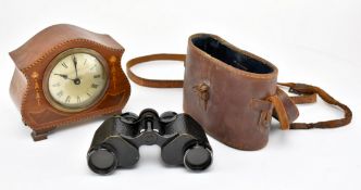 EDWARDIAN MANTLE CLOCK & A CASED PAIR OF BINOCULARS
