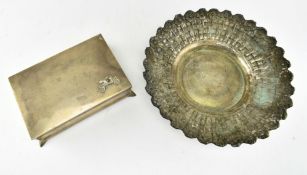 SILVER COLOURED METAL CIGARETTE BOX & FLOWER DISH