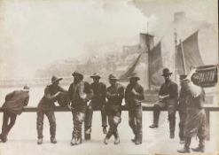 FISHERMEN ON BREAK - OLD BLACK AND WHITE POSTER ON BOARD