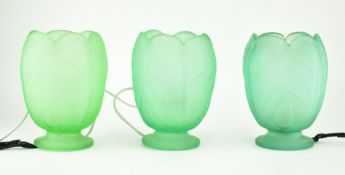 THREE 1930S ART DECO STYLE GREEN FROSTED GLASS LAMPS