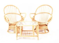 PAIR OF RETRO BAMBOO ARMCHAIRS AND BAMBOO COFFEE TABLE