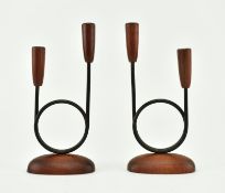 PAIR OF DANISH VINTAGE 1960S WOOD & IRON CANDLESTICKS
