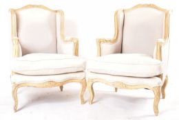 ROCHE BOBOIS - PAIR OF WHITE PAINTED & LINEN FAUTEUIL ARMCHAIRS