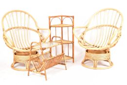 PAIR OF RETRO BAMBOO ARMCHAIRS, MAGAZINE RACK & CORNER UNIT