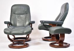 EKORNES - STRESSLESS - PAIR OF GREEN LEATHER ARMCHAIRS