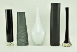 FIVE VINTAGE MODERNIST GLASS & CERAMIC BUD VASES