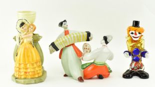 THREE RETRO ART DECO STYLE CERAMIC / GLASS CLOWN FIGURINES