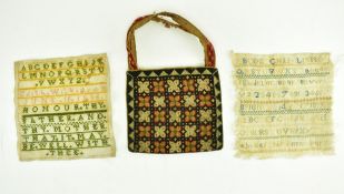 TWO LATE VICTORIAN UNFRAMED ALPHABET SAMPLERS & A BAG